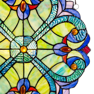 STAINED GLASS HANGING PANEL IN A ROUND GEOMETRIC DESIGN