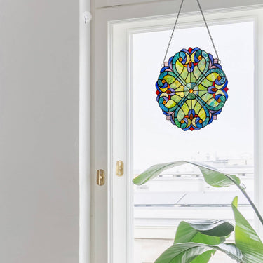 STAINED GLASS HANGING PANEL IN A ROUND GEOMETRIC DESIGN