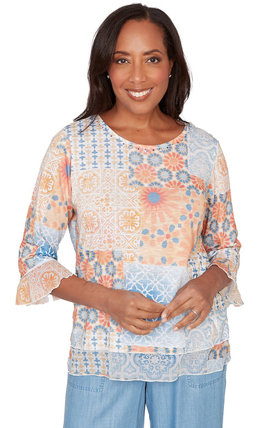 TOP *PETITE* BLUE MULTI MEDALLION PATCHWORK