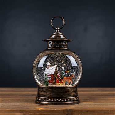 SNOW GLOBE SANTA SLEIGH OVER BARN BRIDGE