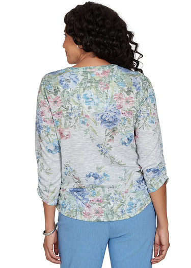 TOP *PETITE* BLUE MULTI MELANGE BOUQUET FLORAL