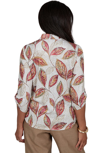 TOP *PETITE* TAN MULTI LEAF PRINT KNIT