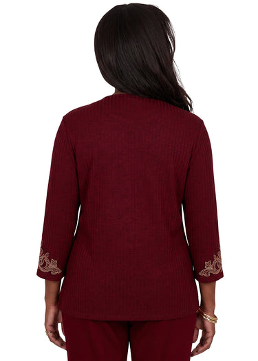 TOP *PETITE* CRANBERRY YOKE SCROLL EMBROIDERY
