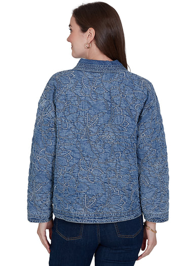 JACKET *MISSY* LIGHT INDIGO QUILTED FLORAL DENIM LONG SLEEVE