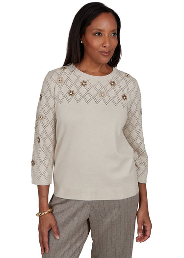 SWEATER *PETITE* LATTE POINTELLE W/EMBOIDERY