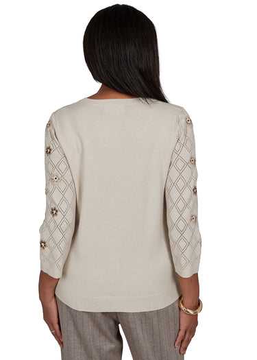 SWEATER *MISSY* LATTE POINTELLE W/EMBOIDERY