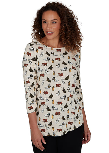 TOP *PLUS* CREAM MULTI 3/4 SLEEVE PUPPY BOAT NECK