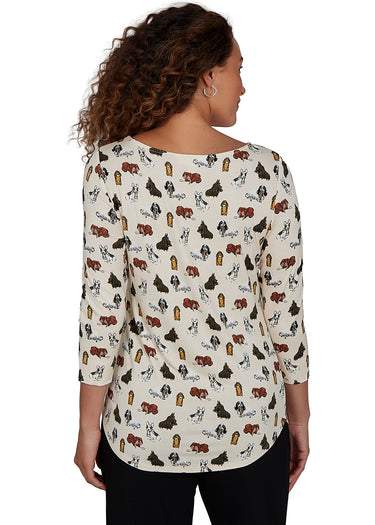 TOP *PETITE* CREAM MULTI 3/4 SLEEVE PUPPY BOAT NECK