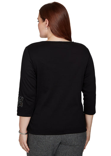 TOP *PETITE* BLACK SHIMMER FLORAL YOKE