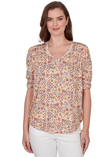TOP *MISSY* AMBER BROWN CRINKLE W/SMOCKING DETAILS
