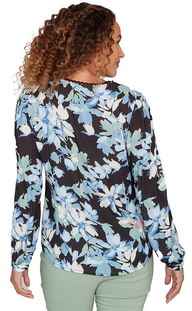 BLOUSE *MISSY* BLACK MULTI L/S W/LACE TRIM