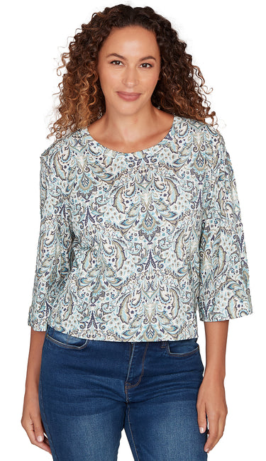TOP *MISSY* EGRET MULTI ELBOW SLEEVE PAISLEY SLUB