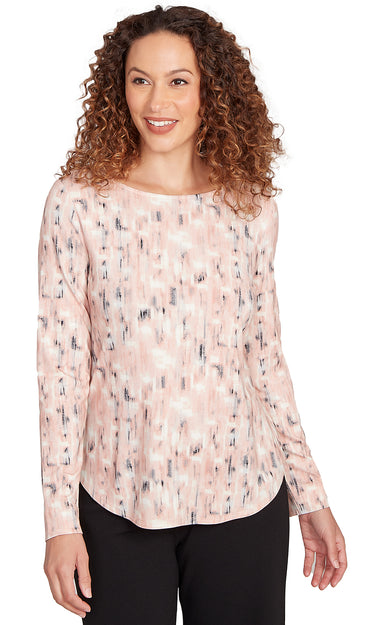 TOP *PETITE* PINK CLOUD MULT L/S BRUSHSTROKE BT NK