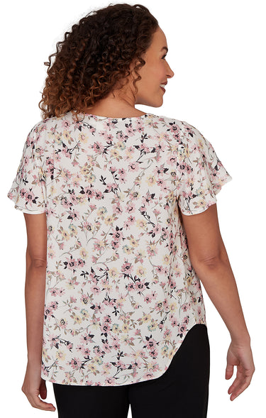 TOP *PETITE* SOFT WHITE FLUTTER SLV FLORAL