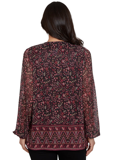 TOP *MISSY* ONYX MULTI LONG SLEEVE V NECK BORDER MESH