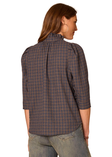TOP *MISSY* MIDNIGHT SAPPHIRE RUFFLE NECK PLAID W/EMBROIDERY