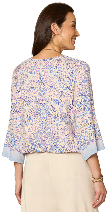 TOP *MISSY* BLUE MULTI 3/4 KIMONO SLV BOAT NK