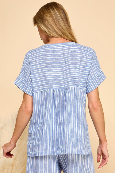 TOP *MISSY* STRIPED WVN NTCHNK SS 2 COLORS