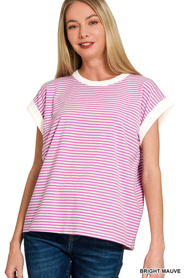 TOP *MISSY* STRIPE CONTRAST TRIM S/S 6 COLORS