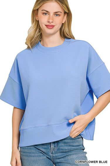 TOP *MISSY* RIBBED RND NK WAIST BANDED 4 COLORS