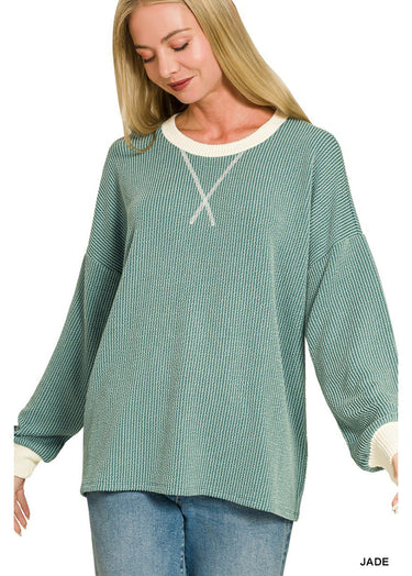 TOP *MISSY* RAISED RIB PULLOVER LONG SLEEVE 4 COLORS