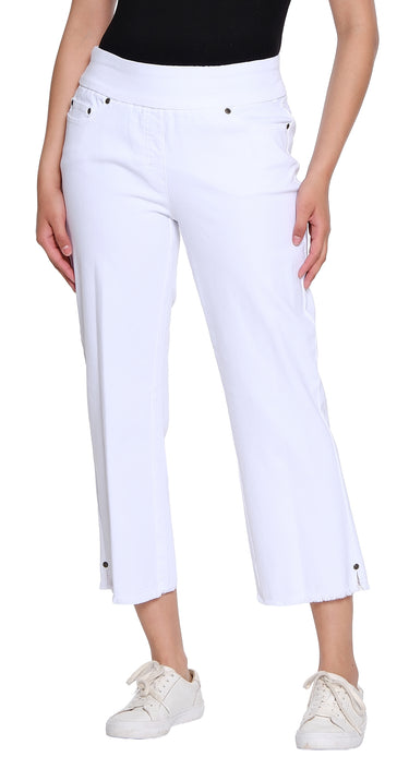 Stretch Denim Crop Pant with Fringe Hem