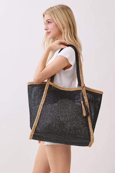 TOTE TWO TONE STRAW BLACK