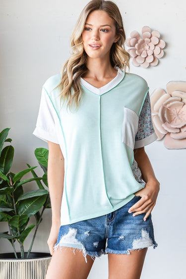 TOP *MISSY* MINT COLOR BLOCK FLORAL VNK