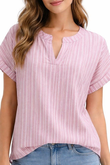 TOP *MISSY* STRIPED WVN NTCHNK SS 2 COLORS