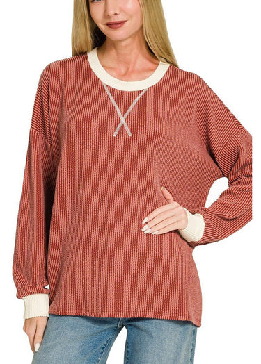 TOP *MISSY* RAISED RIB PULLOVER LONG SLEEVE 4 COLORS