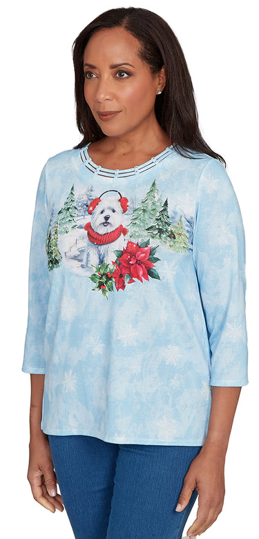 TEE *PETITE* LT BLUE DOG W/EARMUFFS