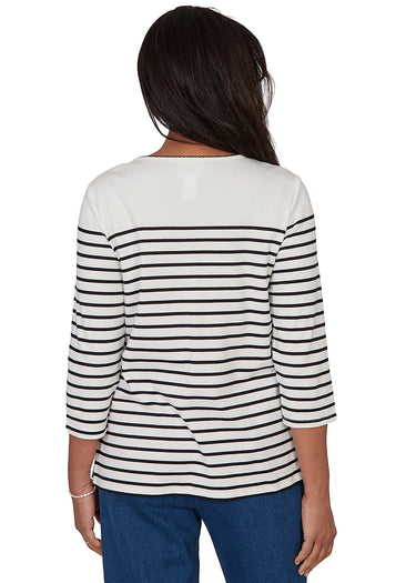 TOP *MISSY* BLACK STRIPE W/ASYMETRIC  FLOWER