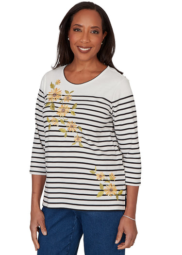 TOP *PETITE* BLACK STRIPE W/ASYMETRIC  FLOWER