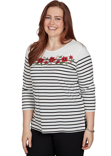 TOP *MISSY* BLACK WHITE STRIPE W/POINSETTIA EMBROIDERY