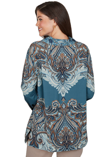 TOP *MISSY* BLUE MULTI HALF PLACKET LONG SLEEVE