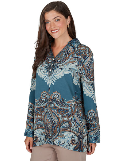 TOP *MISSY* BLUE MULTI HALF PLACKET LONG SLEEVE