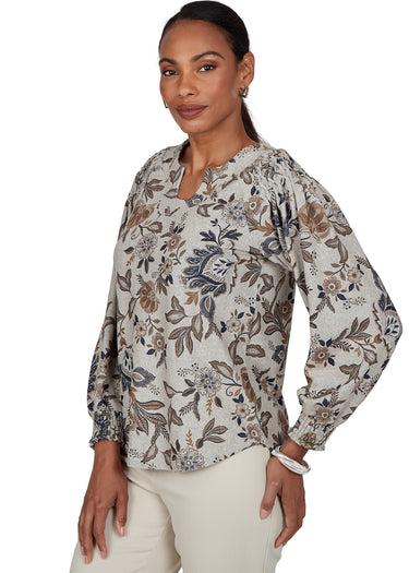 TOP *PETITE* OATMEAL MULTI FLORAL PRINT HACCI LS