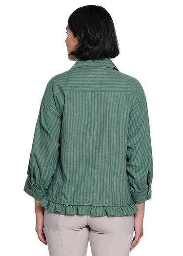 JACKET *MISSY* GREEN MULTI YARD STRIPE W/RUFFLE 3/4 SLEEVE