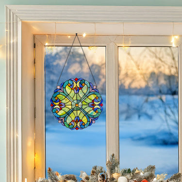 STAINED GLASS HANGING PANEL IN A ROUND GEOMETRIC DESIGN