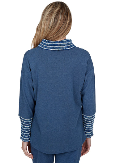 TOP *PETITE* BLUE COWL NECK STRETCH RIB