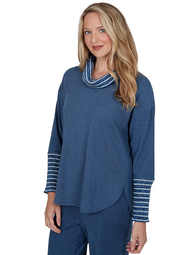 TOP *PETITE* BLUE COWL NECK STRETCH RIB