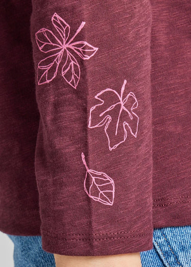 TEE *MISSY*DEEP BURGANDY LONG SLEEVED TEXTURED SLUB LEAVES