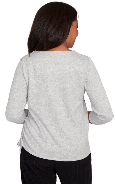 TOP *PETITE* GRAY ASYM FLOWERS EMBRD