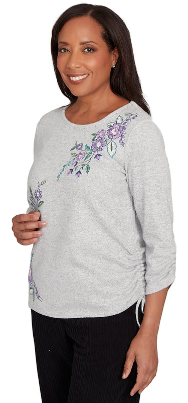 TOP *PETITE* GRAY ASYM FLOWERS EMBRD
