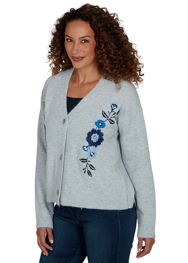 CARDIGAN *MISSY* HEATHER GREY LONG SLEEVE VNECK EMBROIDERED FLORAL