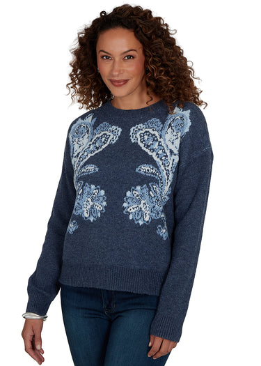 SWEATER *MISSY* WINTER BLUE LONG SLEEVE CREW NECK PAISLEY JACQUARD