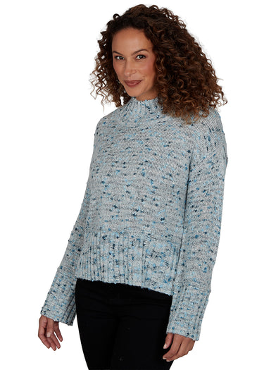 SWEATER *MISSY* ICE BLUE MULTI LONG SLEEVE MOCK NECK BOUCLE SPECKLE
