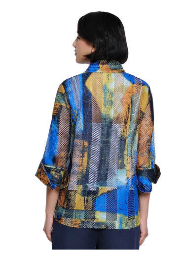 JACKET *MISSY* BLUE MULTI PRINT WOVEN TEXT MESH 3/4 SLEEVE