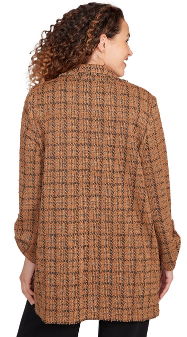 JACKET *MISSY* CHESTNUT OPEN FRONT PLAID 3/4 SLV