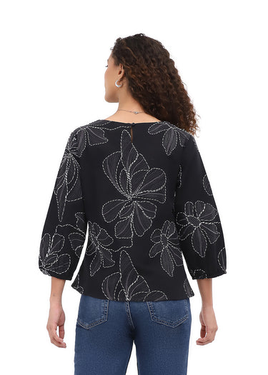 TOP *MISSY* CHARCOAL DEANNA FLORAL 3/4 BUBBLE SLEEVE